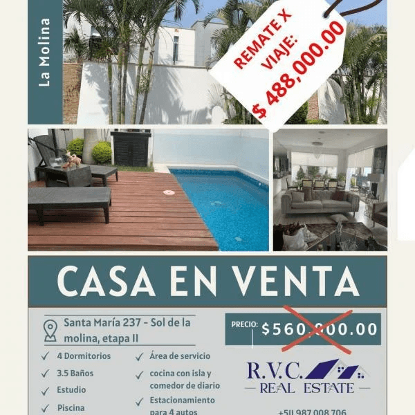 REMATE POR VIAJE HERMOSA CASA CON PISCINA EN EL SOL DE LA MOLINA